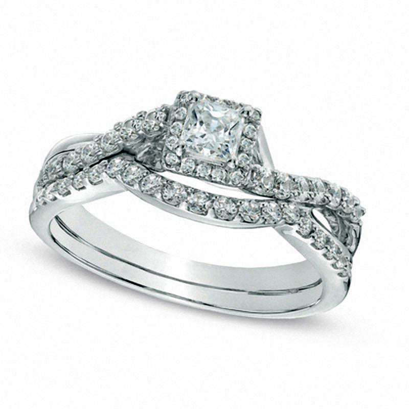 Image of ID 1 075 CT TW Princess-Cut Natural Diamond Frame Twist Shank Bridal Engagement Ring Set in Solid 10K White Gold