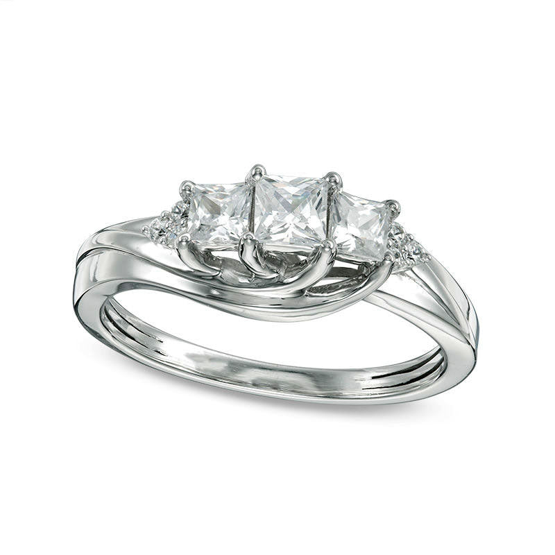 Image of ID 1 075 CT TW Princess-Cut Natural Diamond Three Stone with Tri-Sides Engagement Ring in Solid 14K White Gold