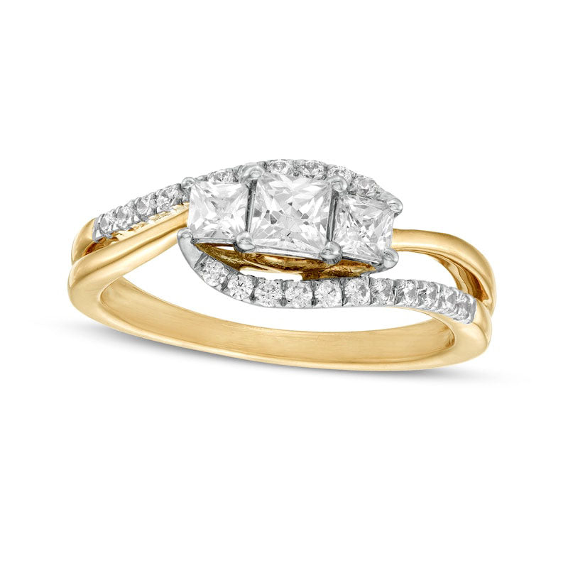 Image of ID 1 075 CT TW Princess-Cut and Round Natural Diamond Three Stone Bypass Ring in Solid 10K Yellow Gold