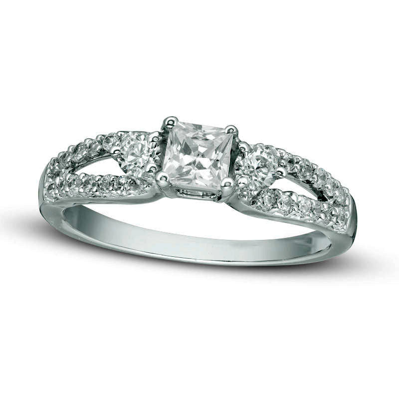 Image of ID 1 075 CT TW Princess-Cut and Round Natural Diamond Three Stone Split Shank Ring in Solid 10K White Gold