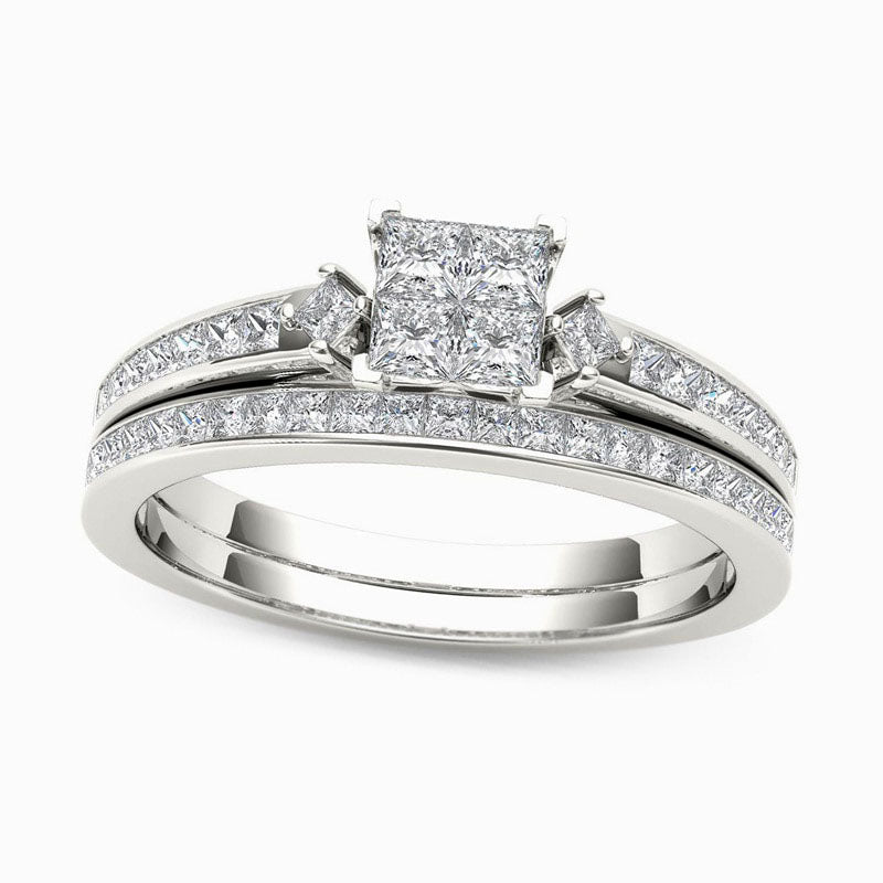 Image of ID 1 075 CT TW Quad Princess-Cut Natural Diamond Bridal Engagement Ring Set in Solid 14K White Gold