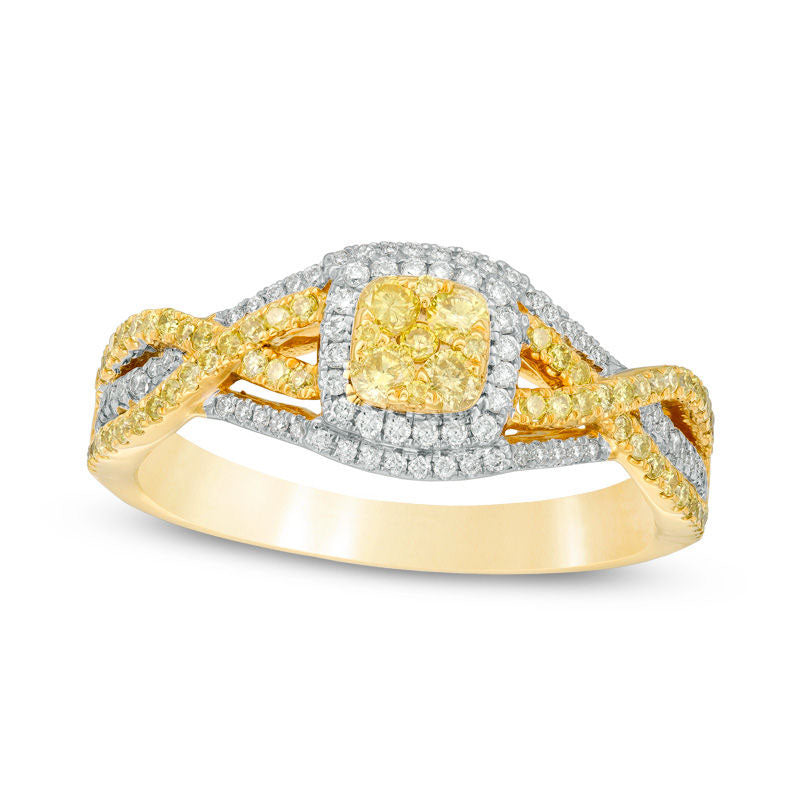 Image of ID 1 075 CT TW Yellow and White Composite Natural Diamond Square Frame Twist Engagement Ring in Solid 14K Gold - Size 7