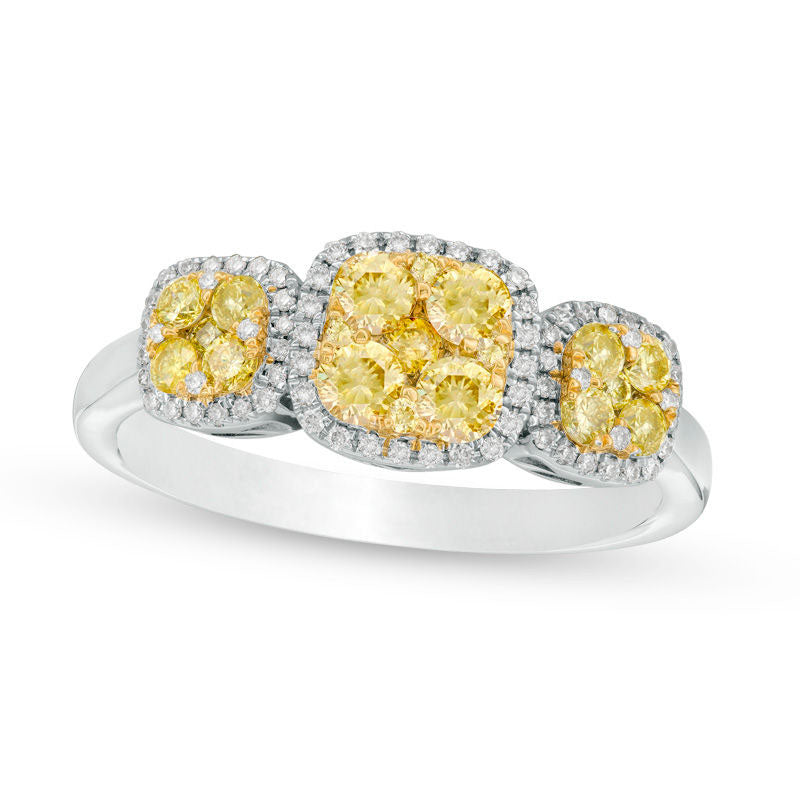 Image of ID 1 075 CT TW Yellow and White Composite Natural Diamond Three Stone Cushion Frame Ring in Solid 14K White Gold - Size 7