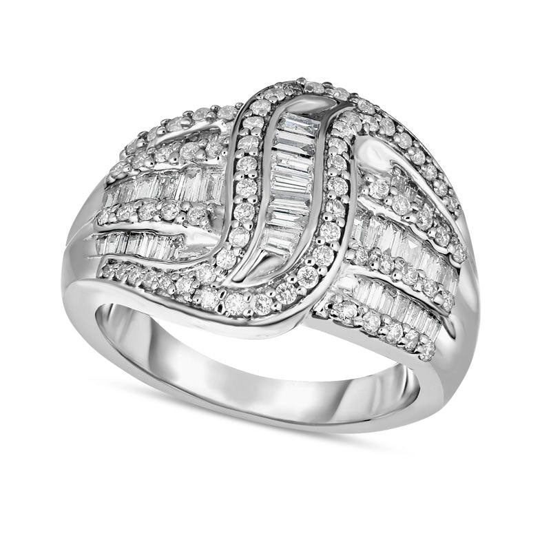 Image of ID 1 088 CT TW Baguette and Round Natural Diamond Crossover Wave Ring in Sterling Silver