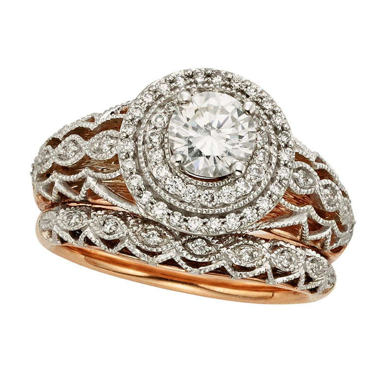 Image of ID 1 088 CT TW Certified Natural Diamond Frame Lace Bridal Engagement Ring Set in Solid 14K Two-Tone Gold (I/I1)