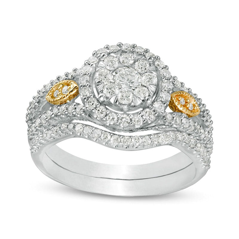 Image of ID 1 088 CT TW Composite Natural Diamond Frame Split Shank Bridal Engagement Ring Set in Solid 14K Two-Tone Gold