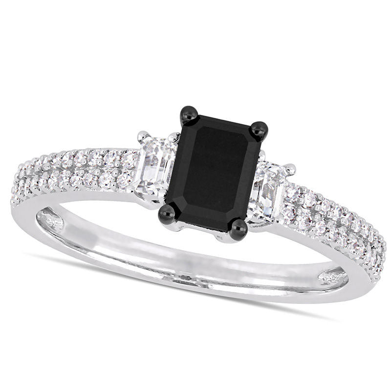 Image of ID 1 088 CT TW Emerald-Cut Enhanced Black Natural Diamond and White Sapphire Three Stone Engagement Ring in Solid 10K White Gold