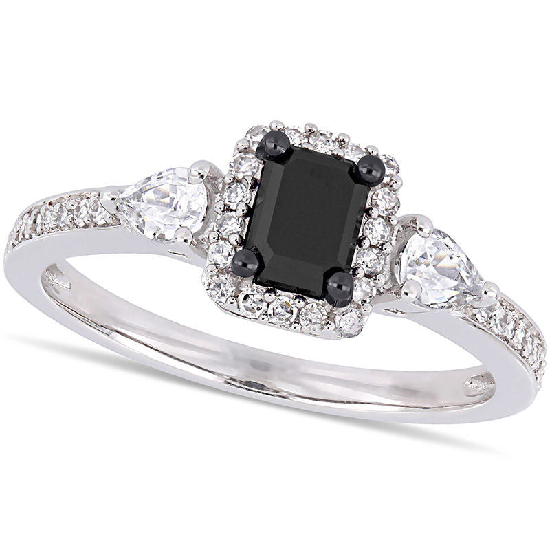 Image of ID 1 088 CT TW Emerald-Cut Enhanced Black and White Sapphire Three Stone Frame Engagement Ring in Solid 10K White Gold