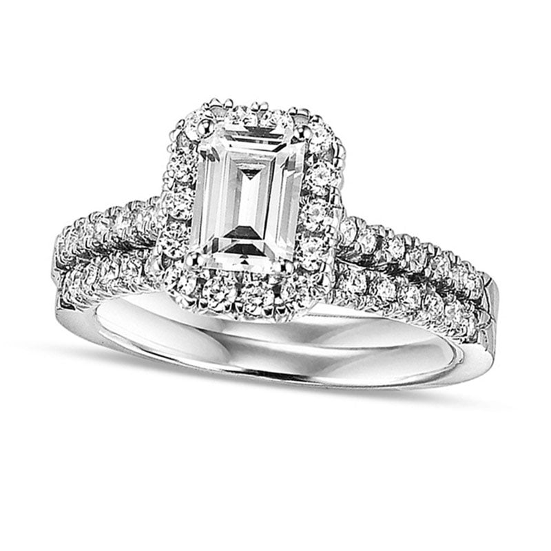 Image of ID 1 088 CT TW Emerald-Cut Natural Diamond Frame Bridal Engagement Ring Set in Solid 14K White Gold