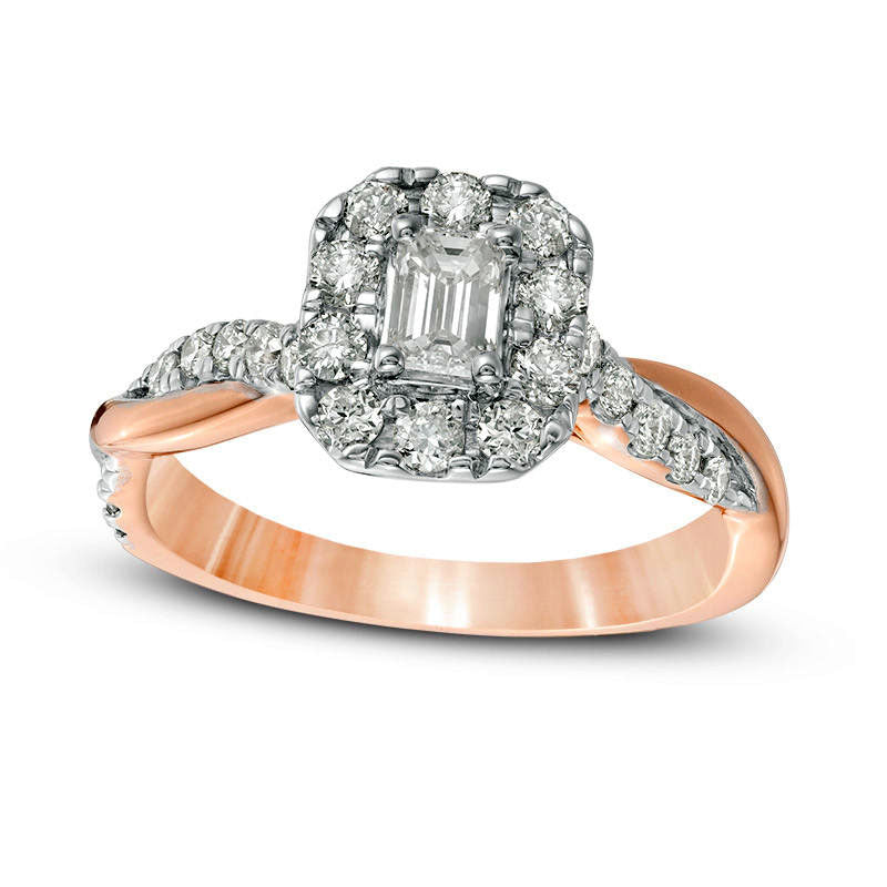 Image of ID 1 088 CT TW Emerald-Cut Natural Diamond Frame Twist Shank Engagement Ring in Solid 10K Rose Gold