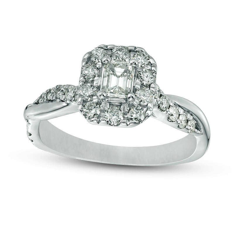 Image of ID 1 088 CT TW Emerald-Cut Natural Diamond Frame Twist Shank Engagement Ring in Solid 10K White Gold