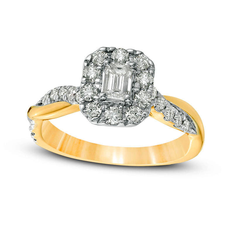 Image of ID 1 088 CT TW Emerald-Cut Natural Diamond Frame Twist Shank Engagement Ring in Solid 10K Yellow Gold