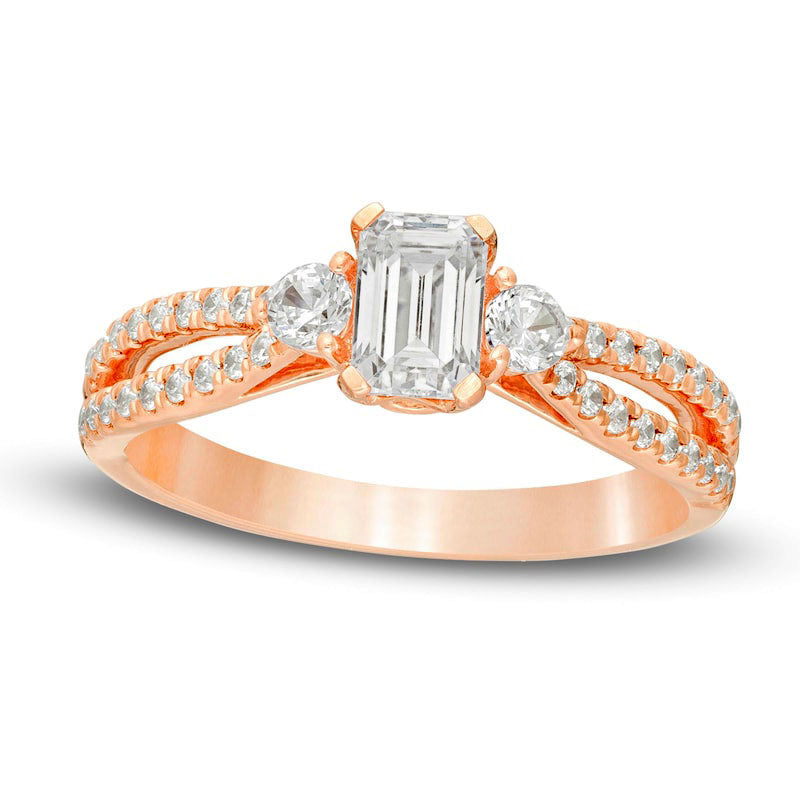 Image of ID 1 088 CT TW Emerald-Cut Natural Diamond Split Shank Engagement Ring in Solid 14K Rose Gold