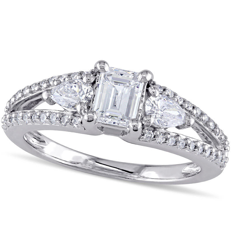 Image of ID 1 088 CT TW Emerald-Cut Natural Diamond Three Stone Engagement Ring in Solid 14K White Gold