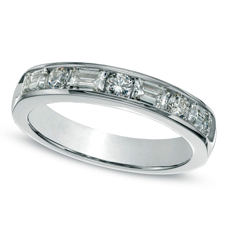 Image of ID 1 088 CT TW Emerald-Cut and Round Natural Diamond Alternating Anniversary Band in Solid 14K White Gold