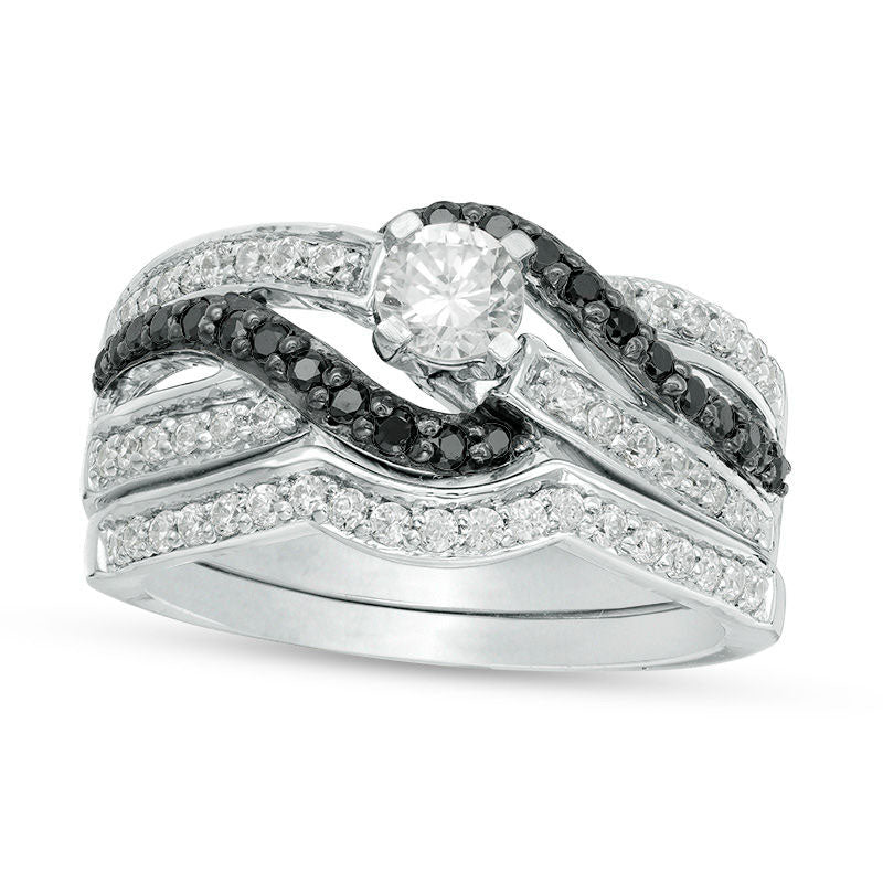 Image of ID 1 088 CT TW Enhanced Black and White Natural Diamond Bypass Bridal Engagement Ring Set in Sterling Silver