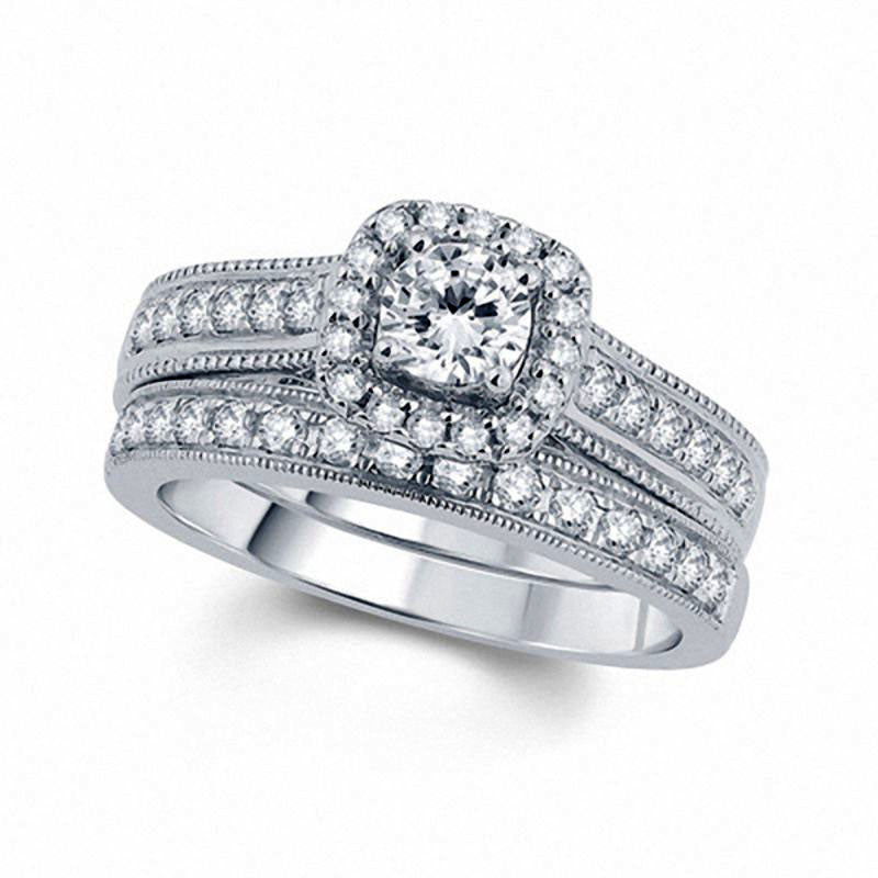 Image of ID 1 088 CT TW Natural Diamond Cushion Frame Antique Vintage-Style Bridal Engagement Ring Set in Solid 14K White Gold