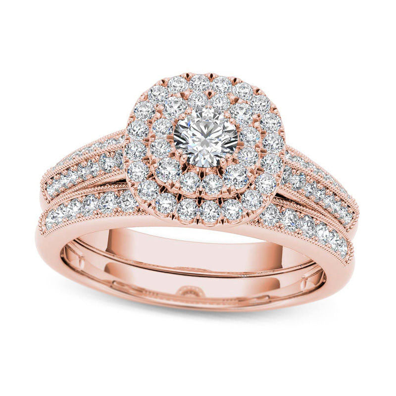 Image of ID 1 088 CT TW Natural Diamond Double Cushion Frame Multi-Row Antique Vintage-Style Bridal Engagement Ring Set in Solid 14K Rose Gold