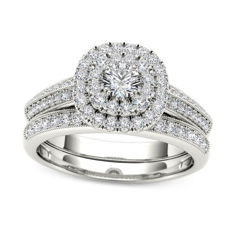 Image of ID 1 088 CT TW Natural Diamond Double Cushion Frame Multi-Row Bridal Engagement Ring Set in Solid 14K White Gold