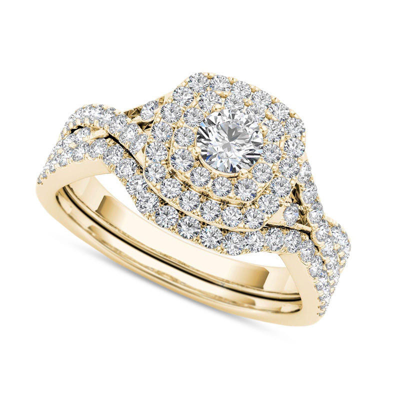 Image of ID 1 088 CT TW Natural Diamond Double Cushion Frame Twist Bridal Engagement Ring Set in Solid 14K Gold
