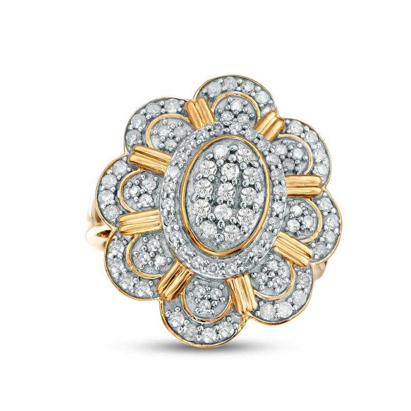 Image of ID 1 088 CT TW Natural Diamond Oval Flower Ring in Sterling Silver with Solid 14K Gold Plate