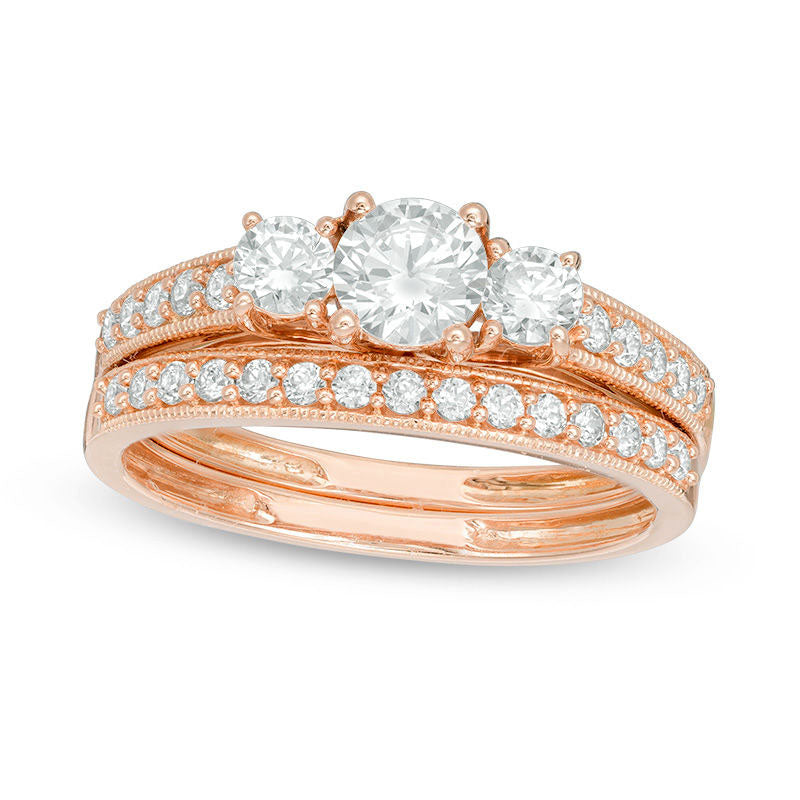Image of ID 1 088 CT TW Natural Diamond Three Stone Antique Vintage-Style Bridal Engagement Ring Set in Solid 10K Rose Gold