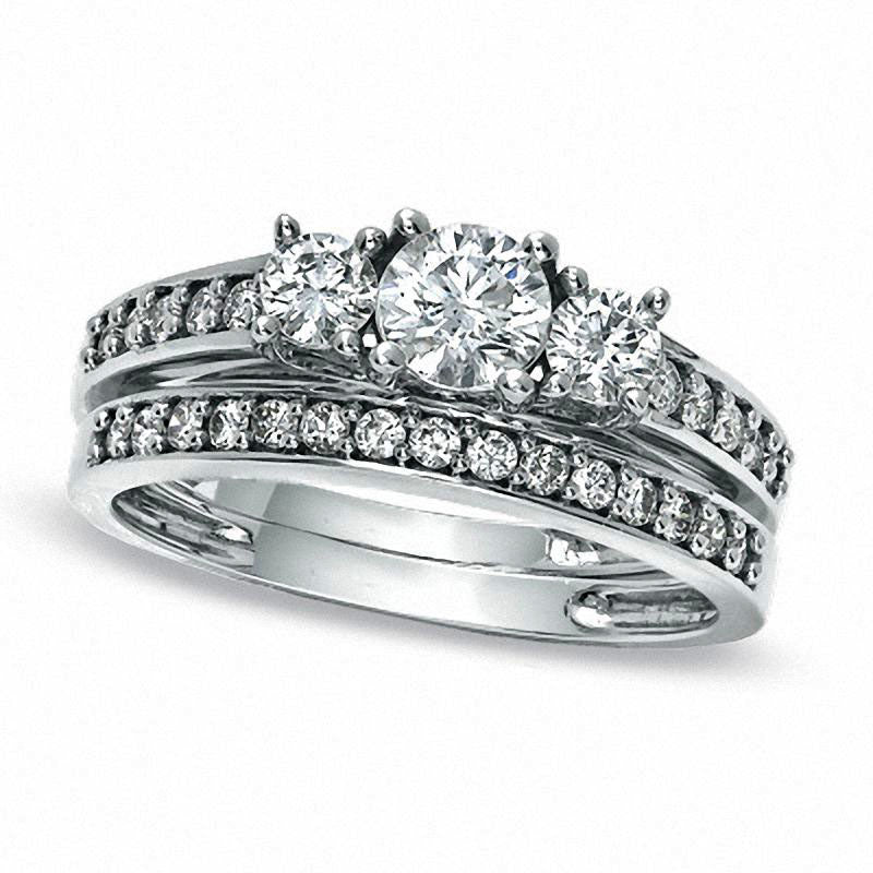 Image of ID 1 088 CT TW Natural Diamond Three Stone Bridal Engagement Ring Set in Solid 10K White Gold