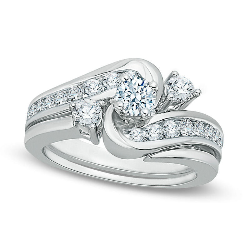 Image of ID 1 088 CT TW Natural Diamond Three Stone Slant Bypass Bridal Engagement Ring Set in Solid 14K White Gold