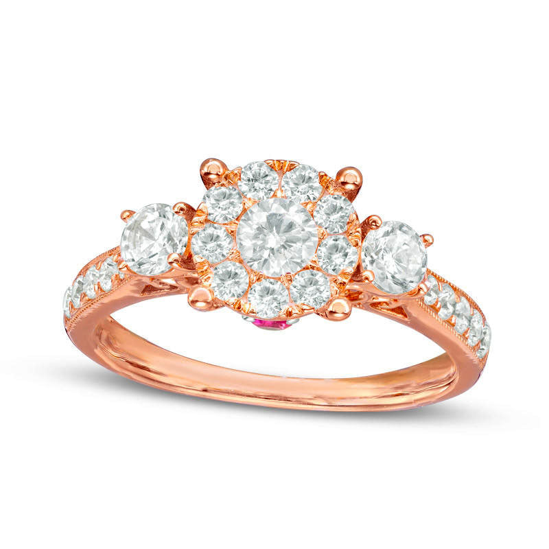 Image of ID 1 088 CT TW Natural Diamond and Pink Sapphire Three Stone Engagement Ring in Solid 10K Rose Gold