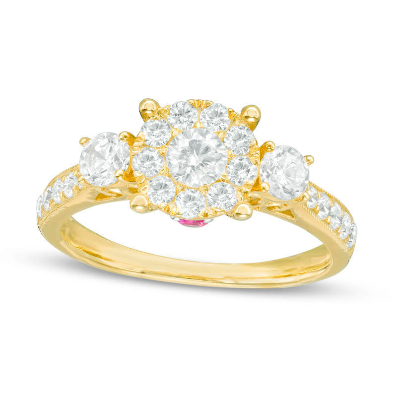 Image of ID 1 088 CT TW Natural Diamond and Pink Sapphire Three Stone Engagement Ring in Solid 10K Yellow Gold