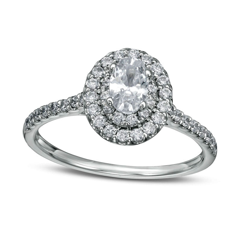 Image of ID 1 088 CT TW Oval Natural Diamond Double Frame Engagement Ring in Solid 10K White Gold