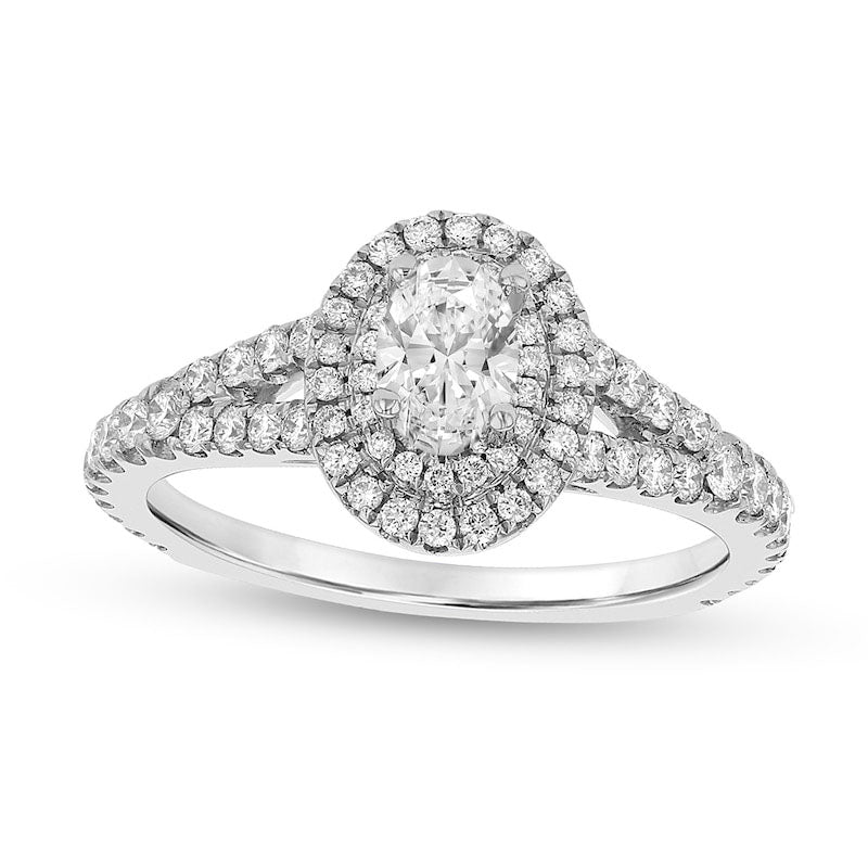 Image of ID 1 088 CT TW Oval Natural Diamond Double Frame Split Shank Engagement Ring in Solid 18K White Gold (G/SI2)