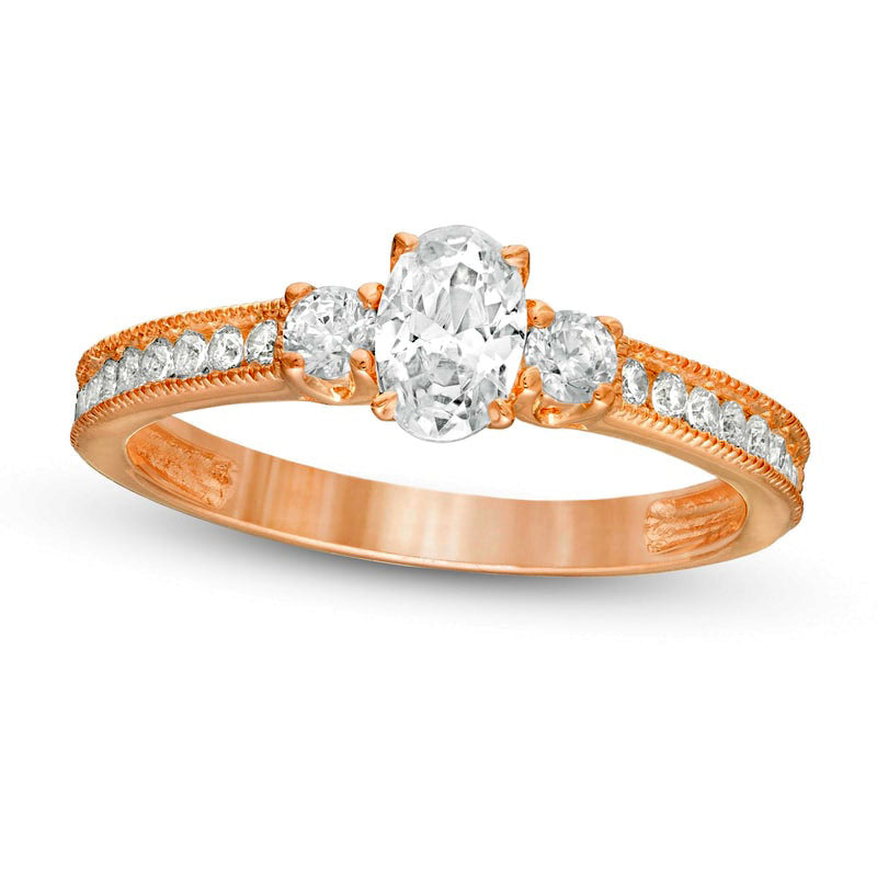 Image of ID 1 088 CT TW Oval and Round Natural Diamond Three Stone Engagement Ring in Solid 14K Rose Gold