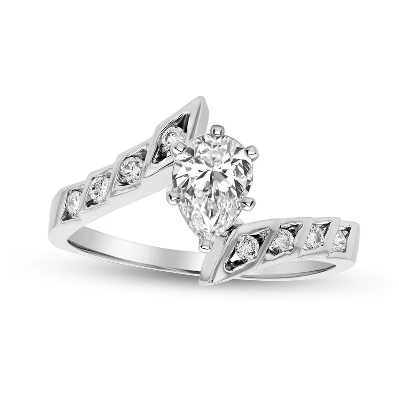 Image of ID 1 088 CT TW Pear-Shaped Natural Diamond Bypass Engagement Ring in Solid 14K White Gold (I/SI2)