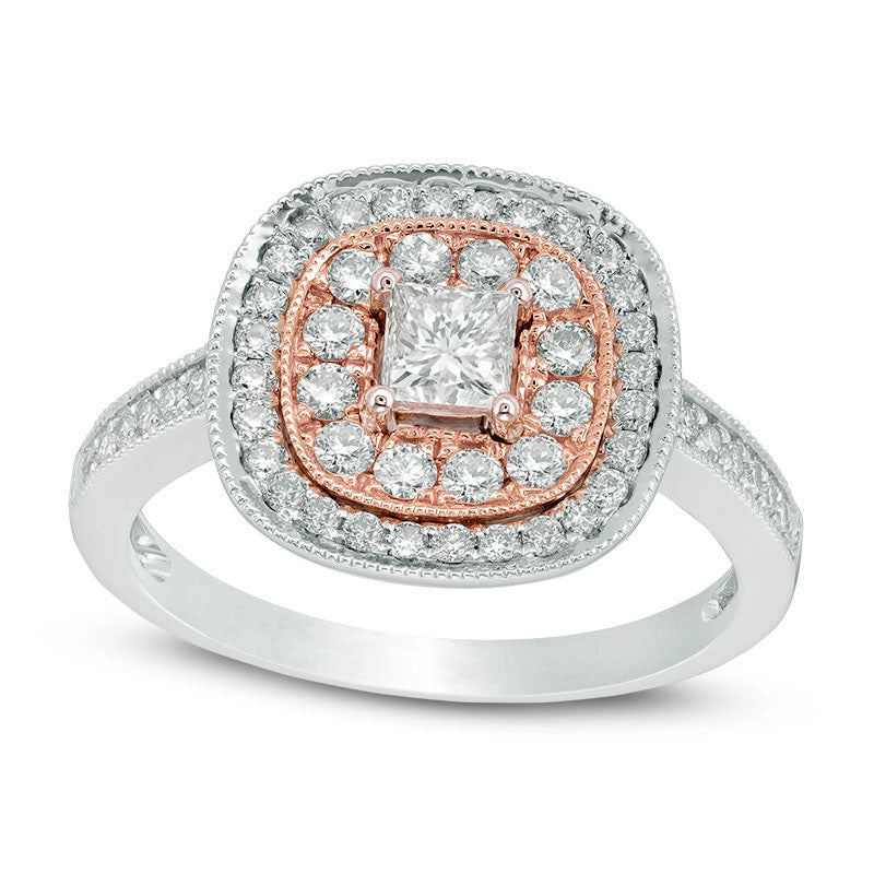 Image of ID 1 088 CT TW Princess-Cut Natural Diamond Double Cushion Frame Ring in Solid 14K Two-Tone Gold