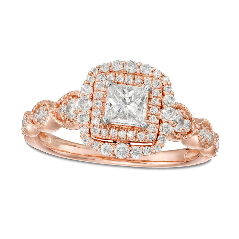 Image of ID 1 088 CT TW Princess-Cut Natural Diamond Double Frame Art Deco Antique Vintage-Style Engagement Ring in Solid 10K Rose Gold