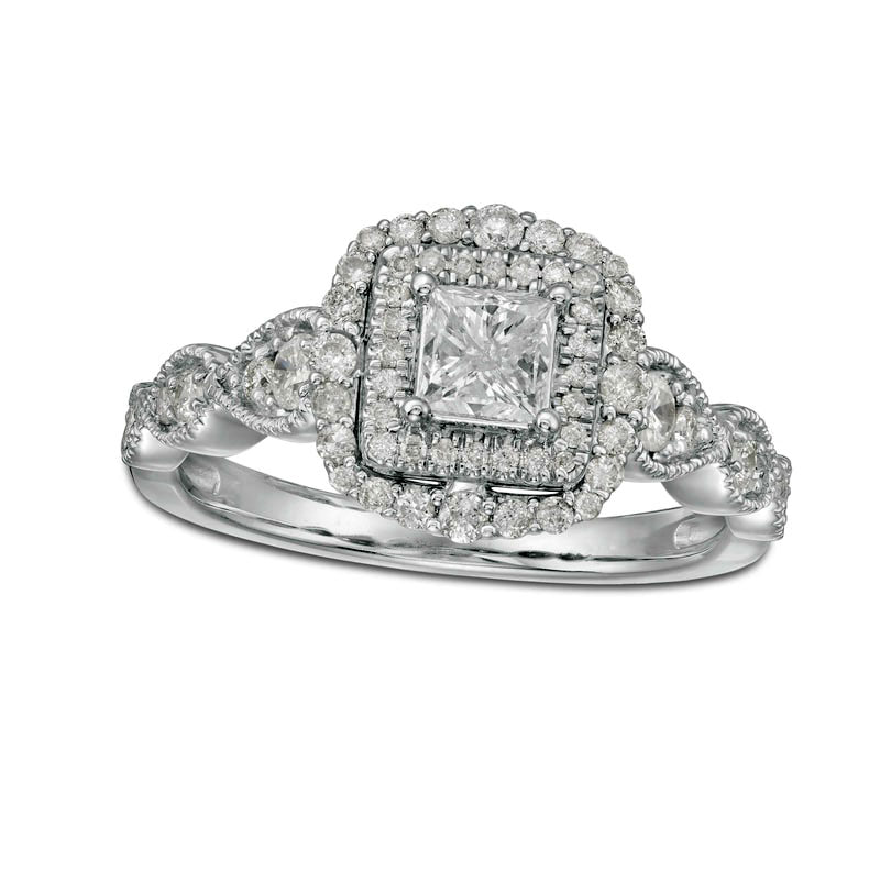 Image of ID 1 088 CT TW Princess-Cut Natural Diamond Double Frame Art Deco Antique Vintage-Style Engagement Ring in Solid 10K White Gold