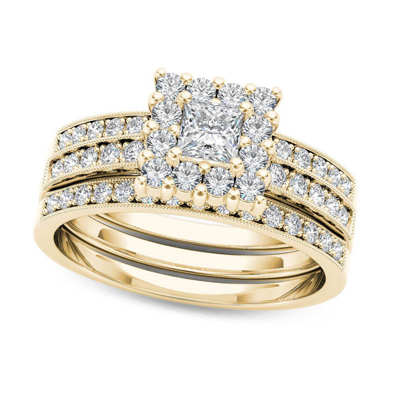 Image of ID 1 088 CT TW Princess-Cut Natural Diamond Frame Three Piece Bridal Engagement Ring Set in Solid 14K Gold