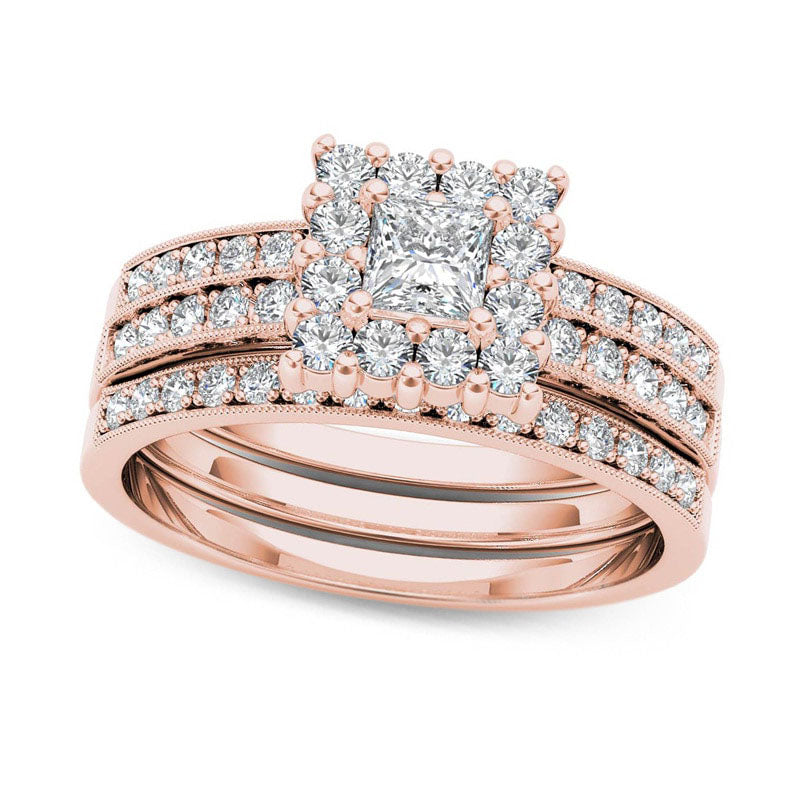 Image of ID 1 088 CT TW Princess-Cut Natural Diamond Frame Three Piece Bridal Engagement Ring Set in Solid 14K Rose Gold