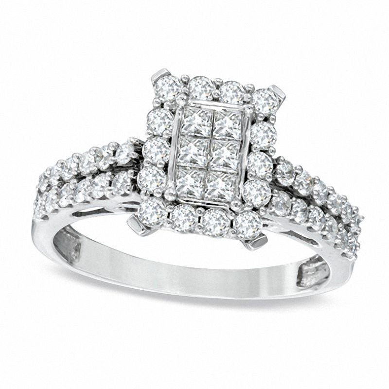 Image of ID 1 088 CT TW Princess-Cut and Round Natural Diamond Rectangular Ring in Solid 14K White Gold