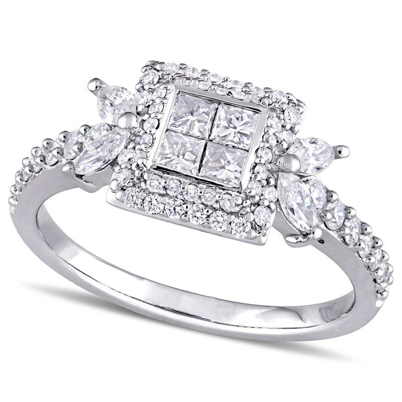 Image of ID 1 088 CT TW Quad Princess-Cut Natural Diamond Double Frame Engagement Ring in Solid 14K White Gold