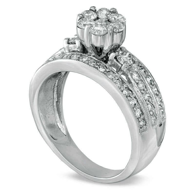 Image of ID 1 1-110 CT TW Natural Diamond Cluster Triple Row Engagement Ring in Solid 14K White Gold