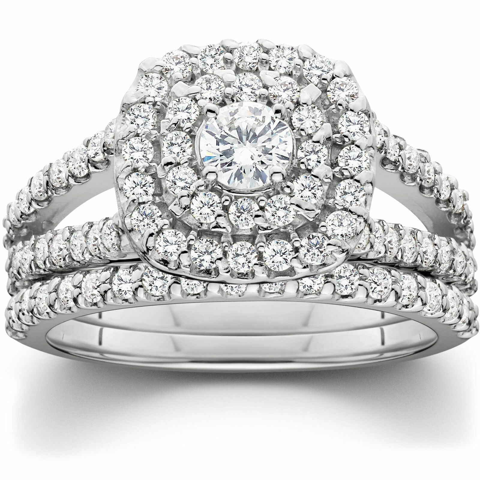 Image of ID 1 1 1/10ct Cushion Halo Solitaire Diamond Engagement Wedding Ring Set White Gold