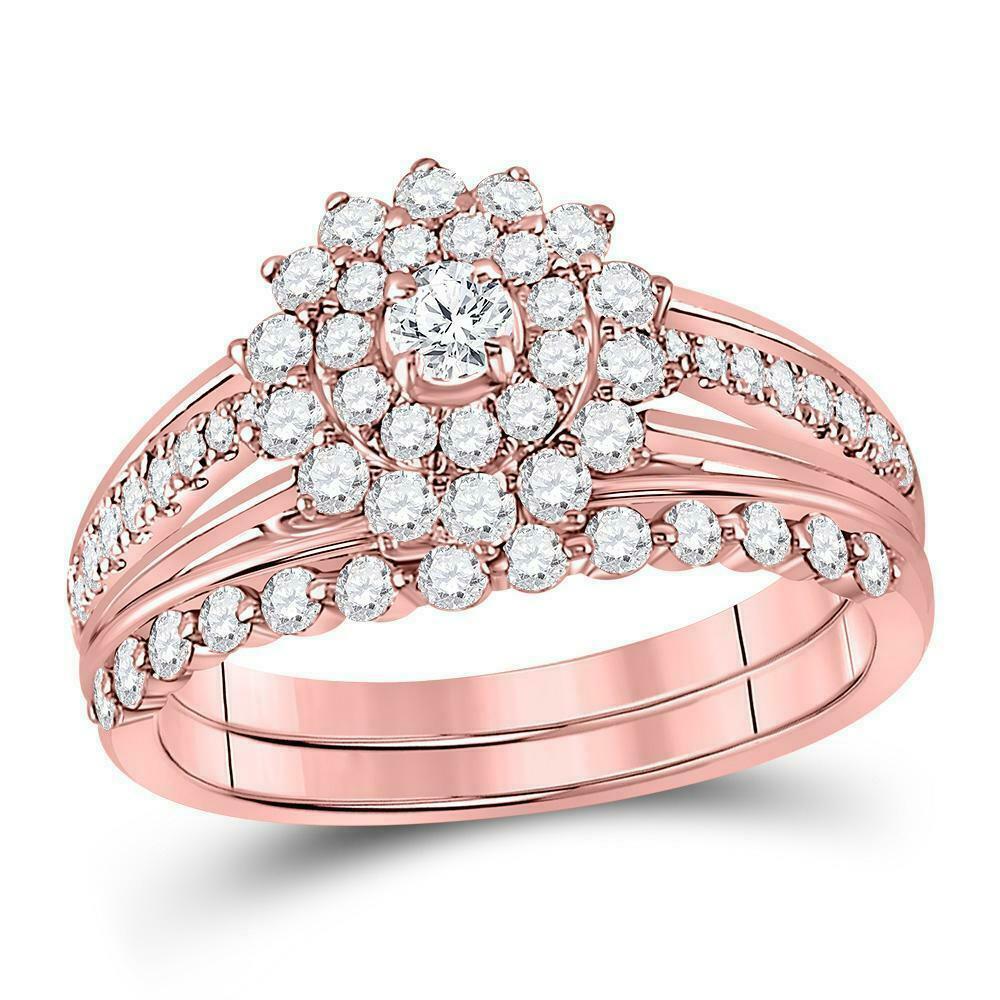 Image of ID 1 1 Carat Round Diamond Floral Halo Engagement Wedding Ring Set 14K Rose Gold