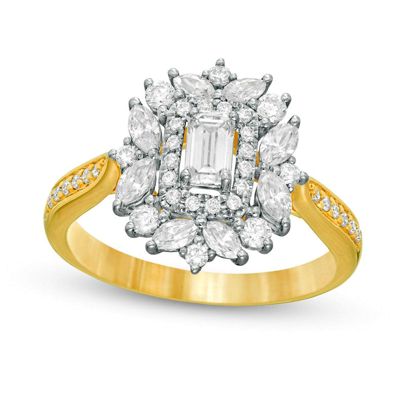 Image of ID 1 10 CT T W Emerald-Cut Natural Diamond Flower Frame Engagement Ring in Solid 14K Gold