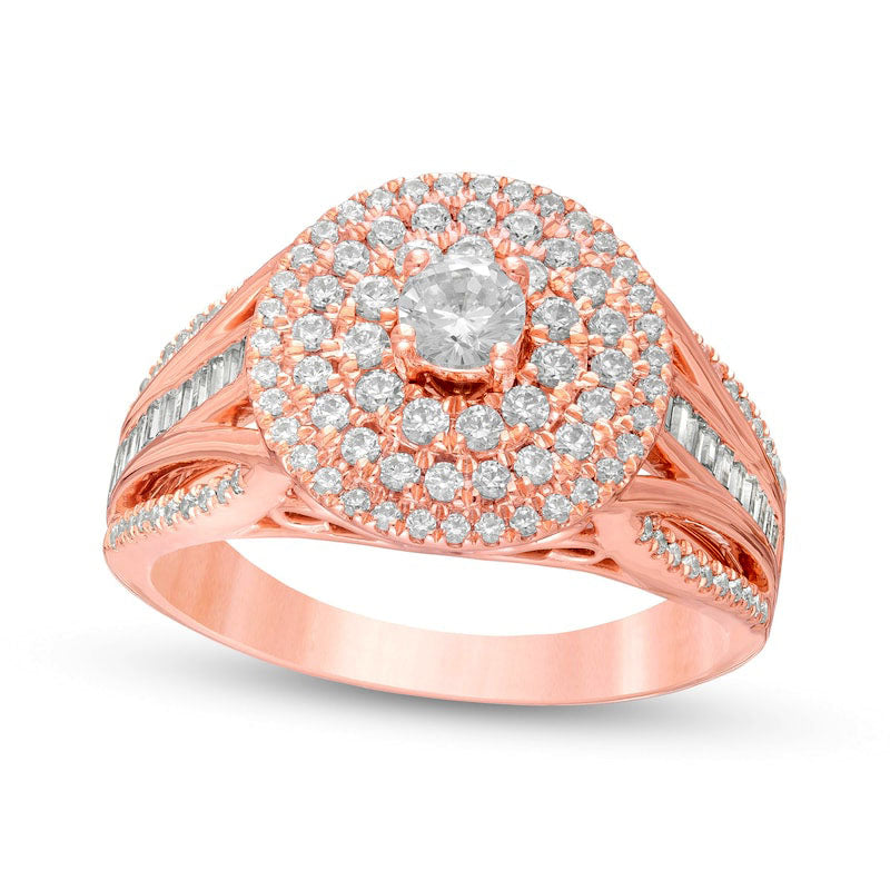Image of ID 1 10 CT TW Baguette and Round Composite Natural Diamond Frame Multi-Row Engagement Ring in Solid 10K Rose Gold