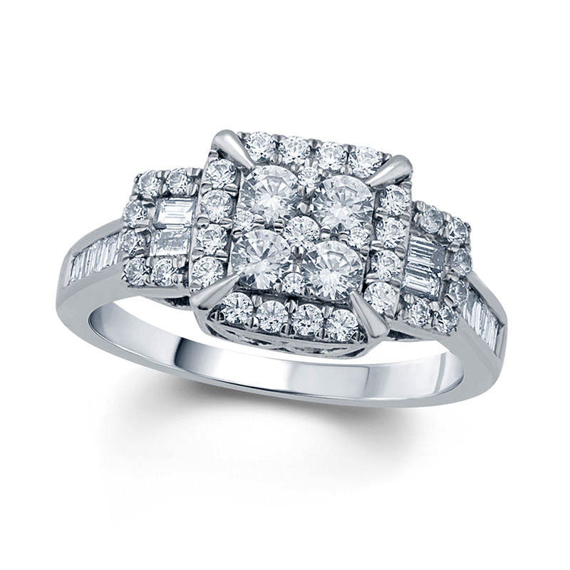 Image of ID 1 10 CT TW Baguette and Round Composite Natural Diamond Square Frame Engagement Ring in Solid 10K White Gold