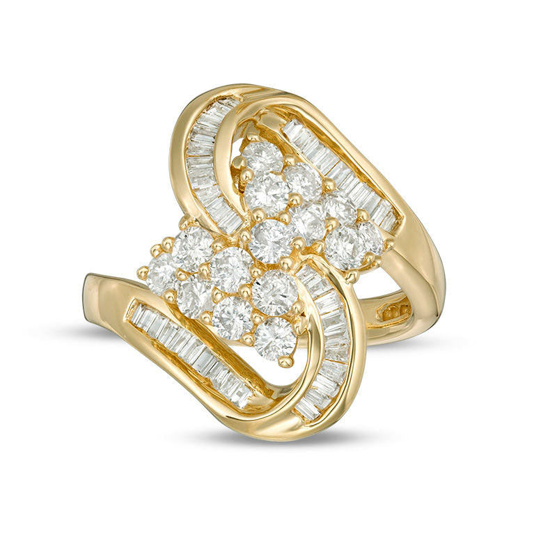 Image of ID 1 10 CT TW Baguette and Round Natural Diamond Cluster Twist Ribbon Ring in Solid 10K Yellow Gold