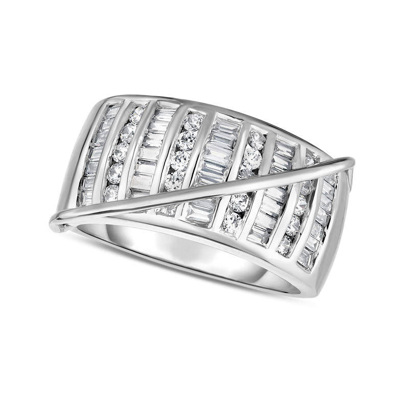 Image of ID 1 10 CT TW Baguette and Round Natural Diamond Column Crossover Band in Solid 14K White Gold