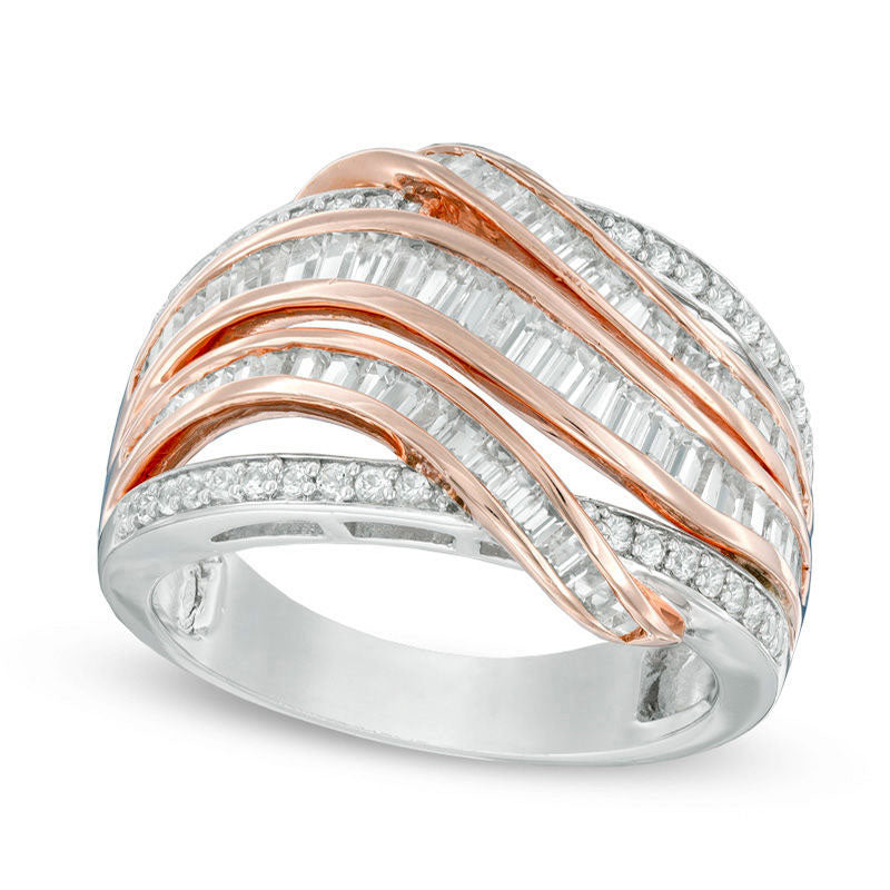 Image of ID 1 10 CT TW Baguette and Round Natural Diamond Crossover Multi-Row Ring in Solid 14K Rose Gold
